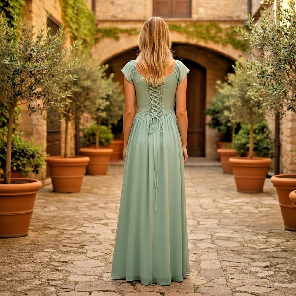 Green Chiffon Maxi Dress S Corset Off Shoulder Flower Accent Lined Special Event - Picture 8 of 8